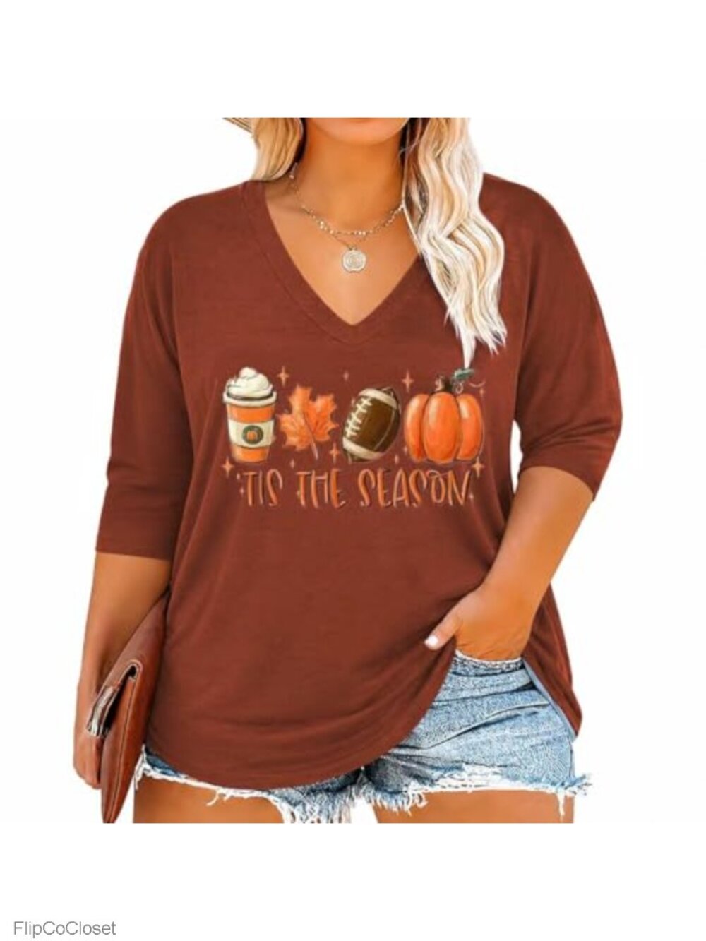Womens Plus Size V Neck 3/4 Sleeve Halloween Shirt Loose Fit Fall Top